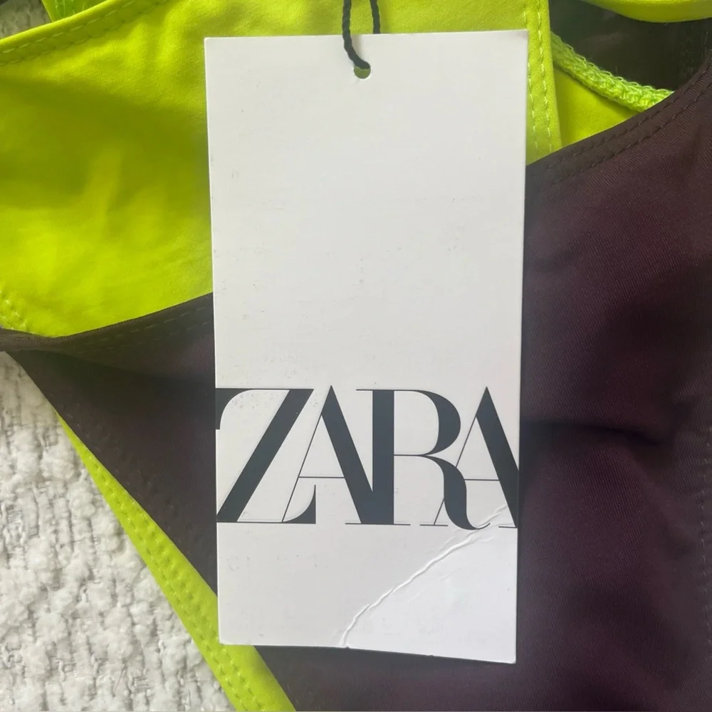 NWT Zara Double Bikini Bottom Swim Suit Size Medium Brown Neon Green Vacation - Picture 4 of 11